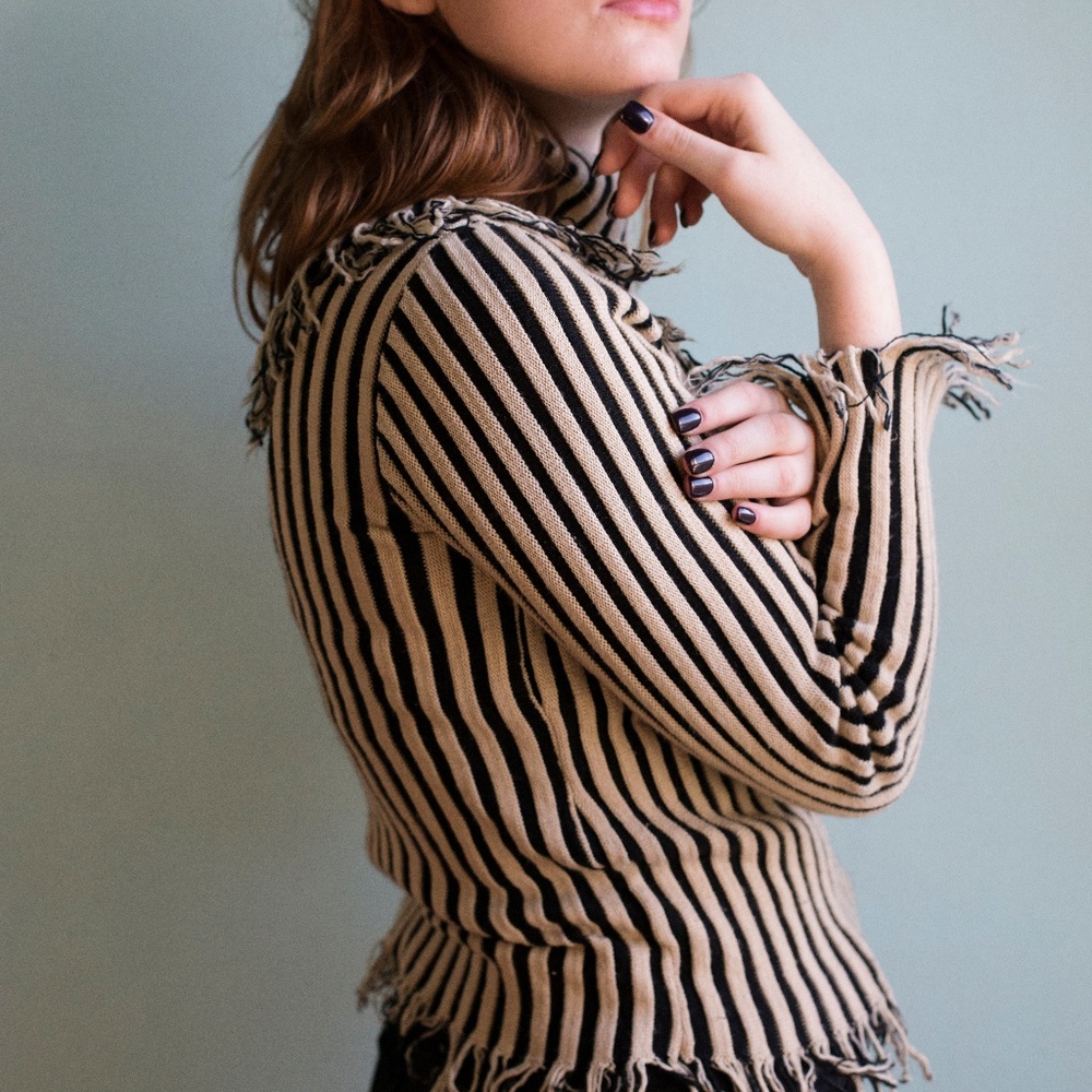Fringe Black/Beige Striped Sweater w/ High Collar